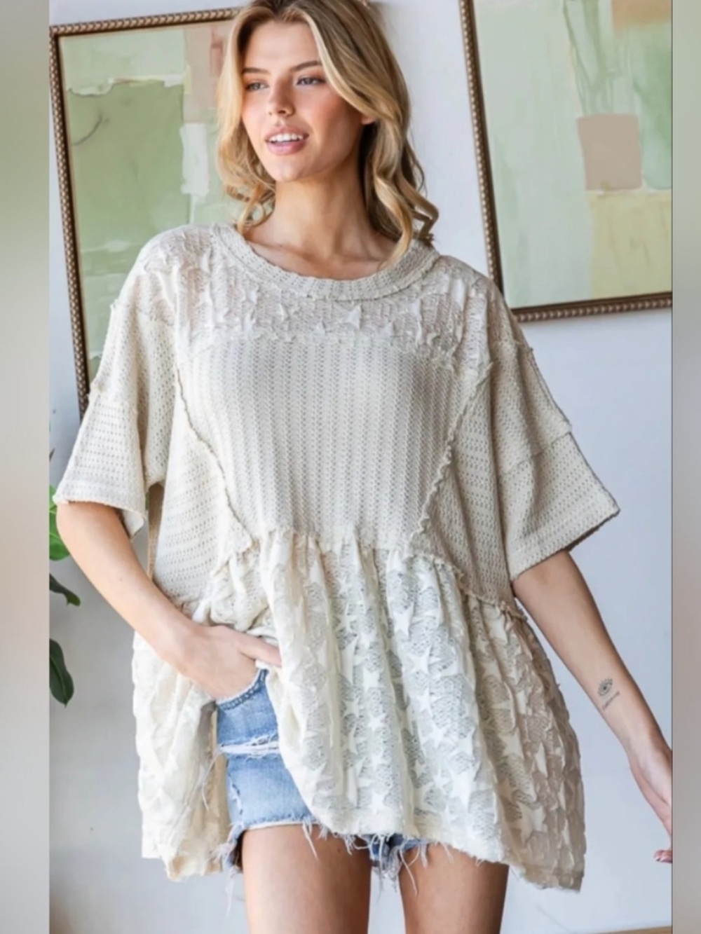 Oli & Hali Star Lace patchwork short sleeve top Cream Crochet Peplum Tee